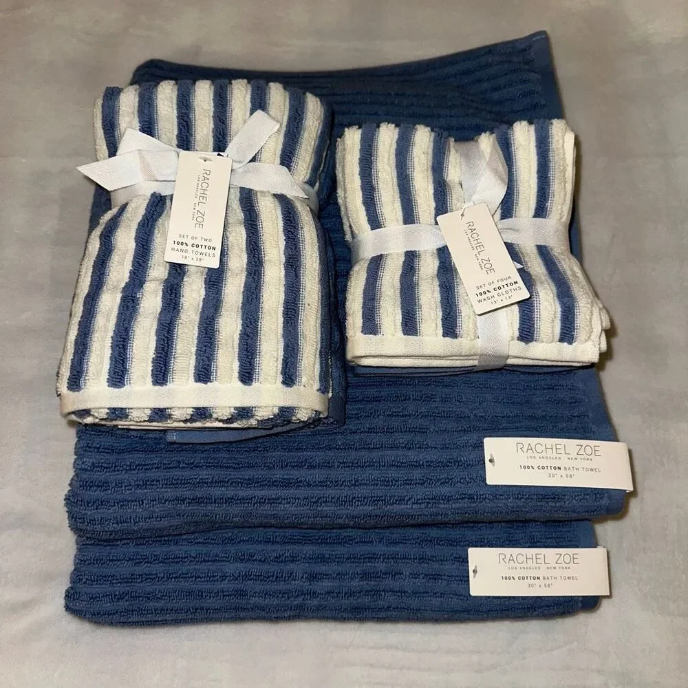 Rachel Zoe Bath Towel Set Cream Dusty Blue Stripe and Solids Pattern 8 Piece NWT